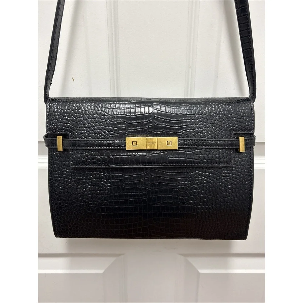 Saint Laurent Manhatten Black Embossed Croc Shoulder‎ Bag